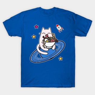 Cartoon cat astronaut in space with bowl of ramen T-Shirt